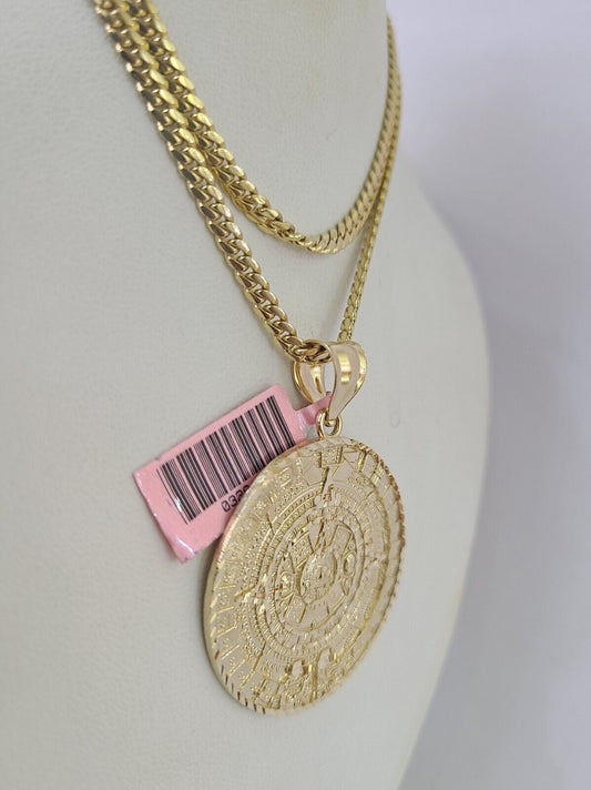 Real 14k Solid Chain Mayan Calendar Charm Set Miami Cuban 3mm Necklace Pendant