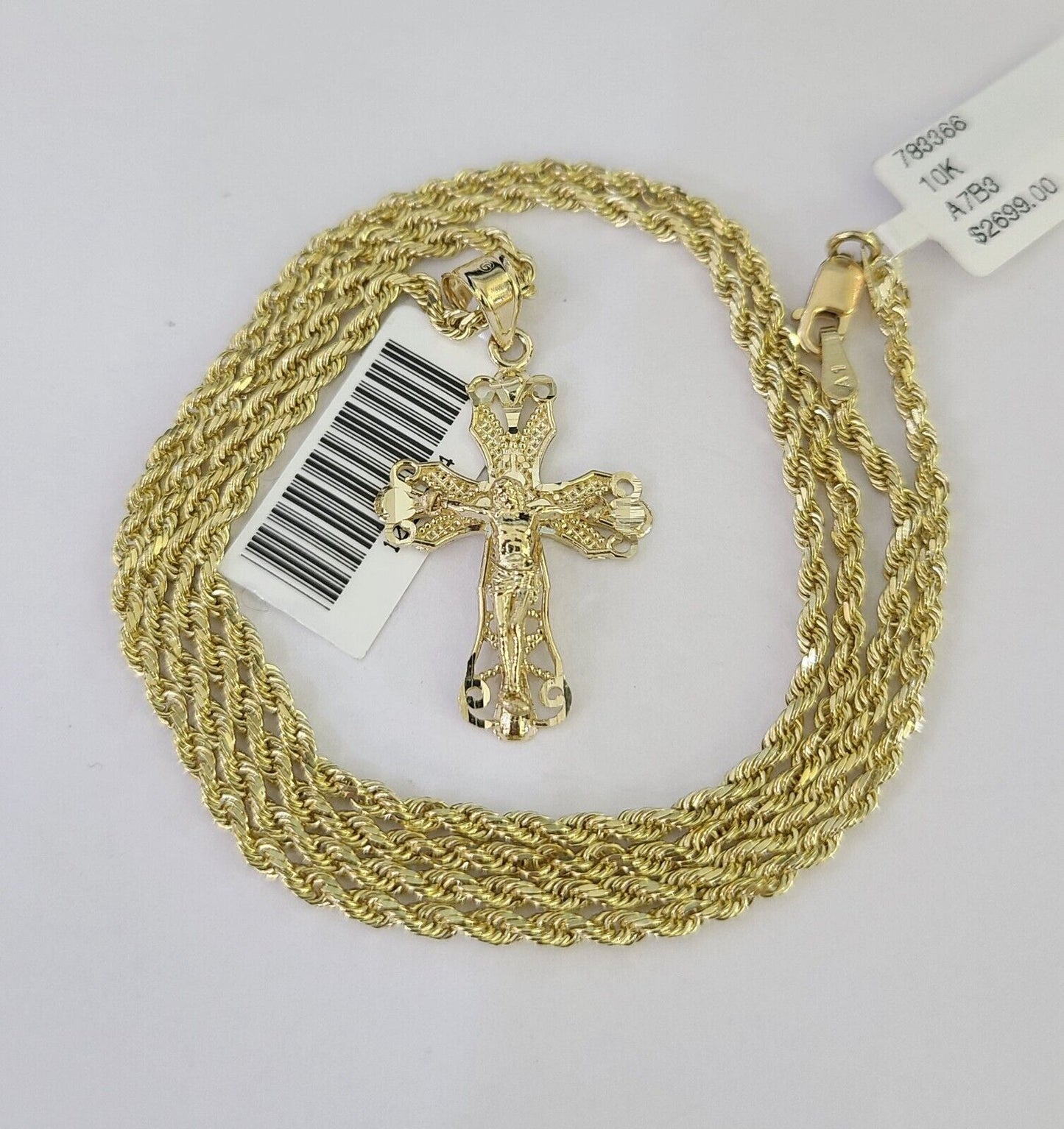 10k Solid Rope Chain 3mm Jesus Cross Pendant Charm Necklace SET 18-24 in