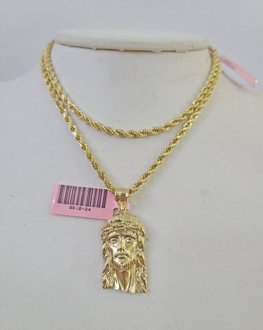 Real 14k Rope Chain Jesus Head Charm Set Yellow Gold 4mm 18-30" Necklace Pendant