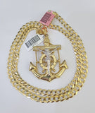 14k Gold Chain Jesus Anchor Charm Solid Cuban Curb 5mm 20"-28" SET Necklace