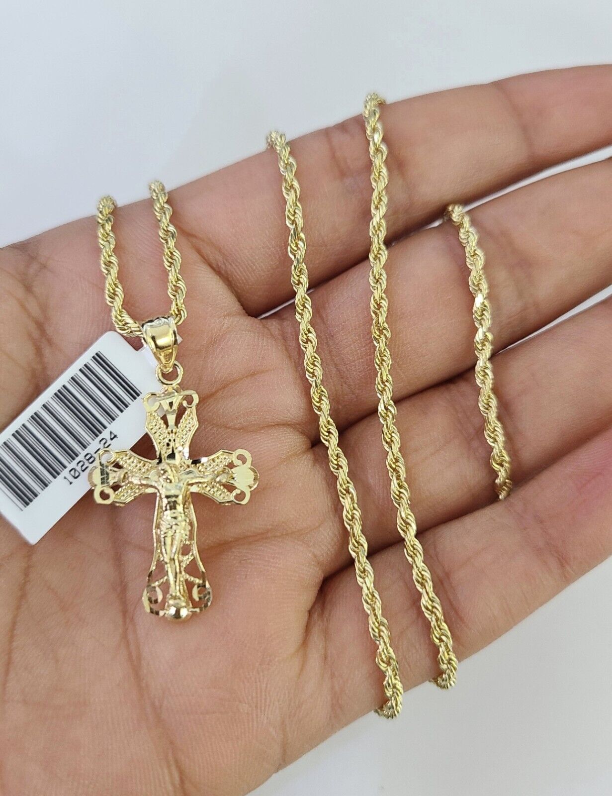 10k Solid Rope Chain 3mm Jesus Cross Pendant Charm Necklace SET 18-24 in