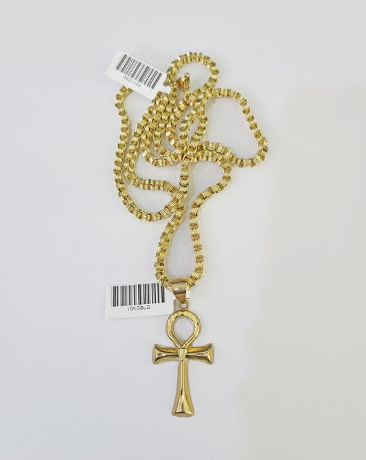 10k Gold Byzantine Necklace Jesus Ankh Cross Charm 18-28 inch 3mm SET Chain