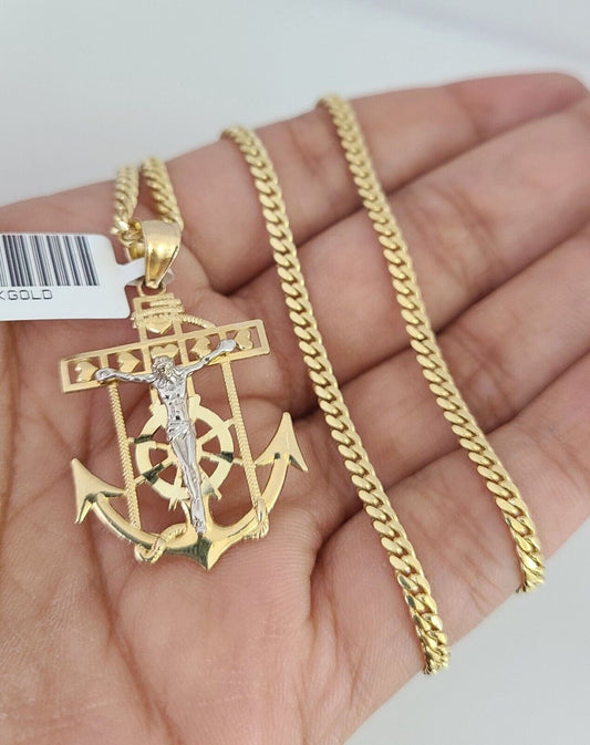 10K Solid Gold Chain Miami Cuban Jesus Anchor Pendant 2.5mm SET 18"-24" Charm