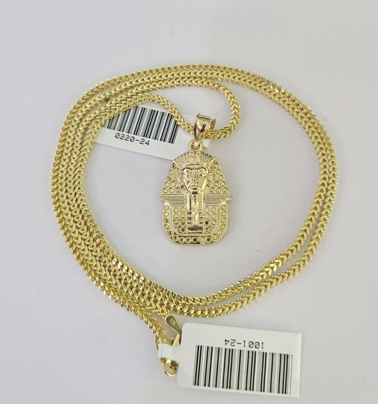 10K Franco Chain Pharaoh Pendant Charm Necklace 16"-24" 2mm Gold SET Yellow