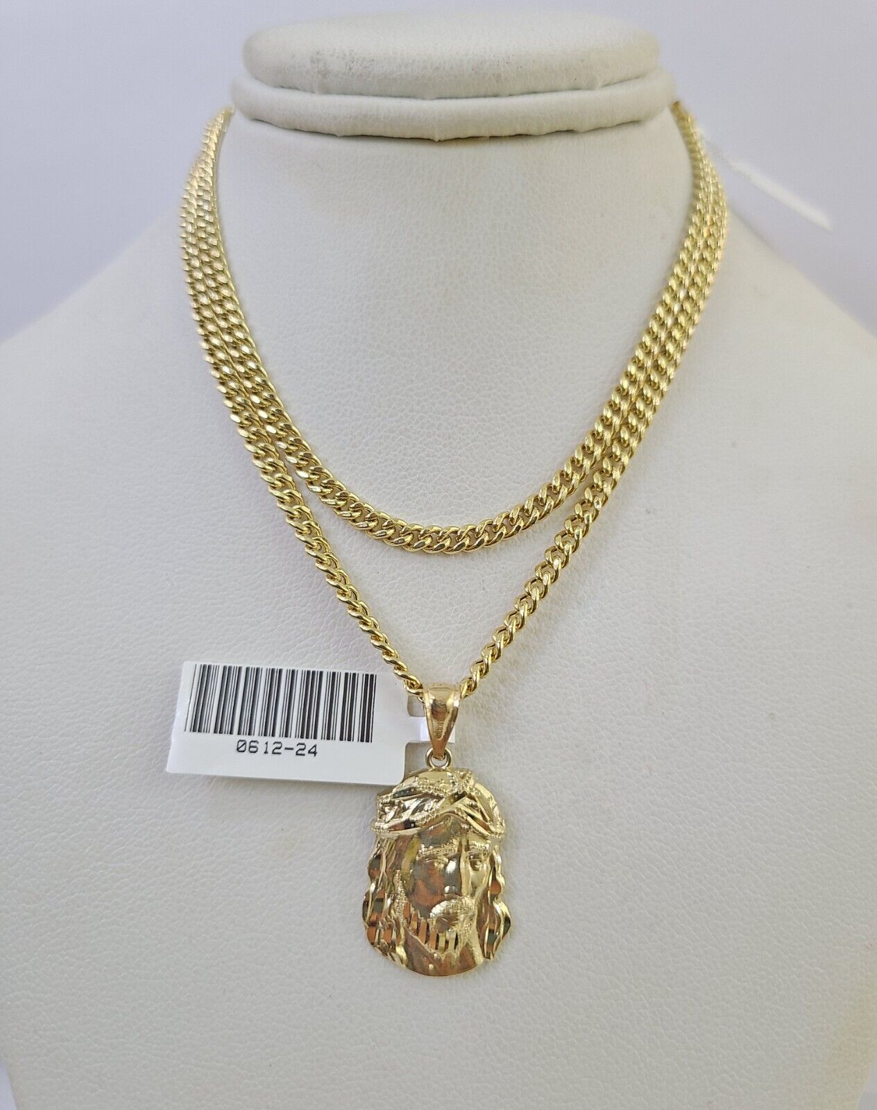 10K Gold Miami Cuban Chain Jesus Head 18"-28" 3mm Pendant Necklace SET Charm