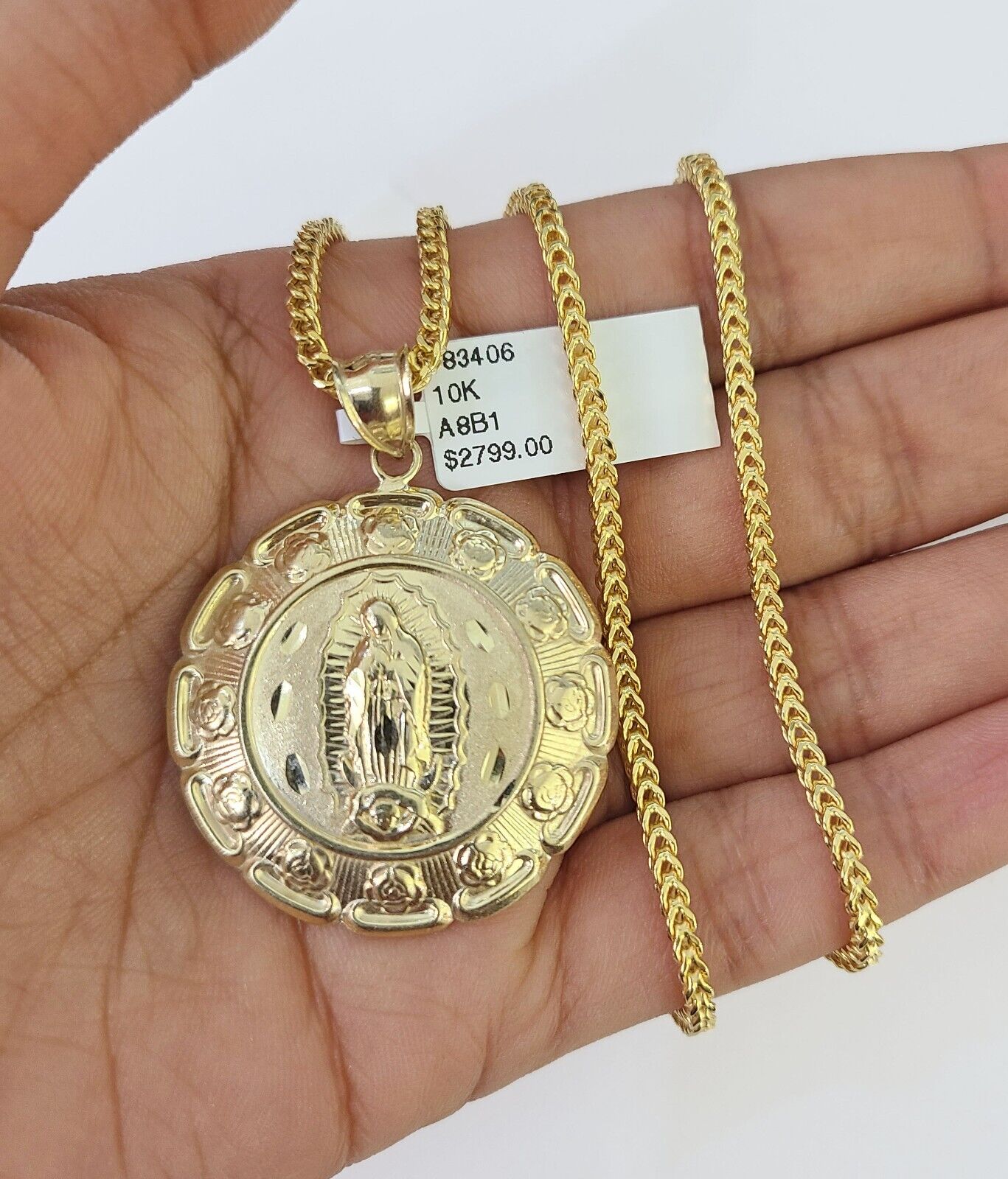 10K Gold Franco Chain Jesus Mary Charm Pendant 20-26 inches 2.5mm REAL Yellow