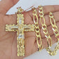 14k Figaro Chain Jesus Cross Charm Pendant Gold 7mm 20-30 inch SET Necklace