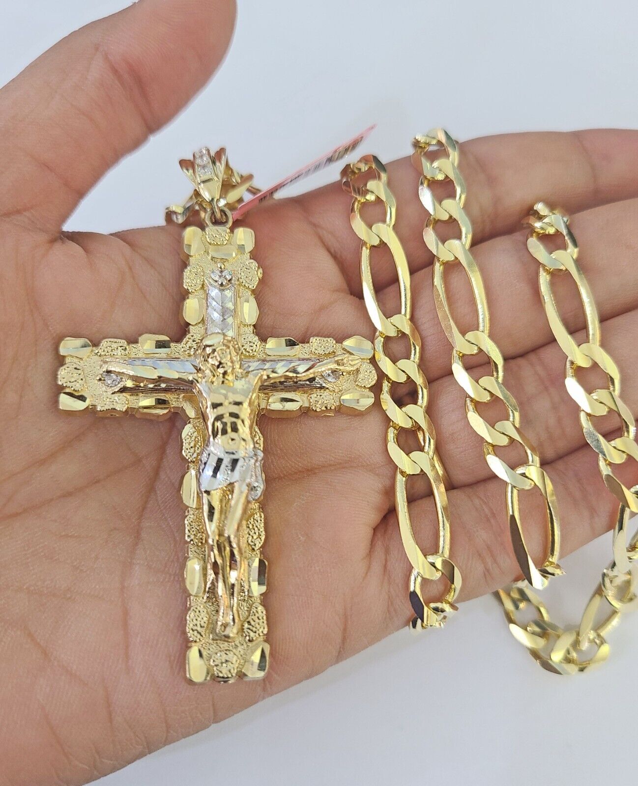 14k Figaro Chain Jesus Cross Charm Pendant Gold 7mm 20-30 inch SET Necklace