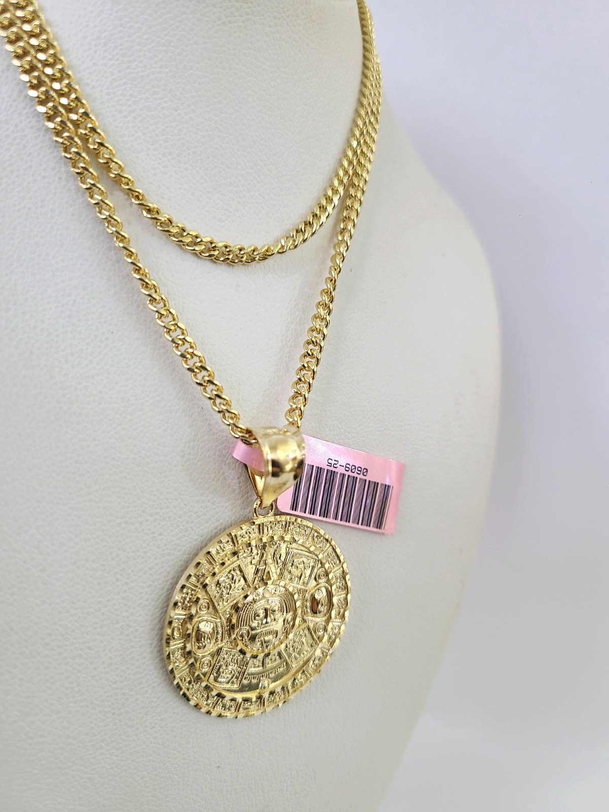 14k Miami Cuban Chain Mayan Calendar Charm Pendant 3mm 18"24" inch SET Necklace