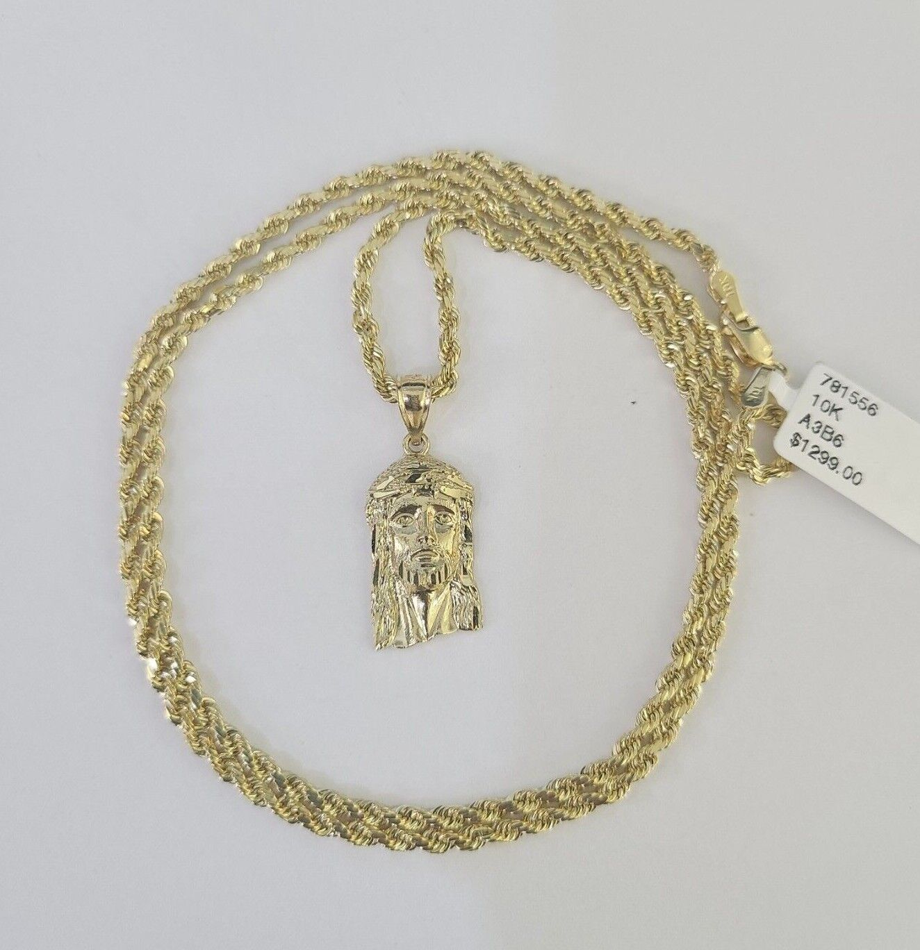 10k 2.5mm Rope Chain Jesus Head Pendant 18"-30" Yellow Gold Set Charm Necklace