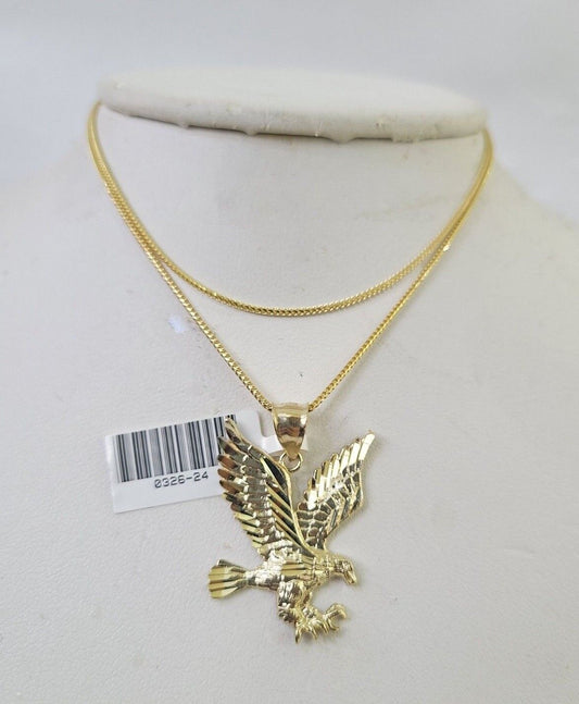 10K Solid Franco Chain Eagle Pendant Charm Necklace 18"-24" 1.5mm Yellow Gold