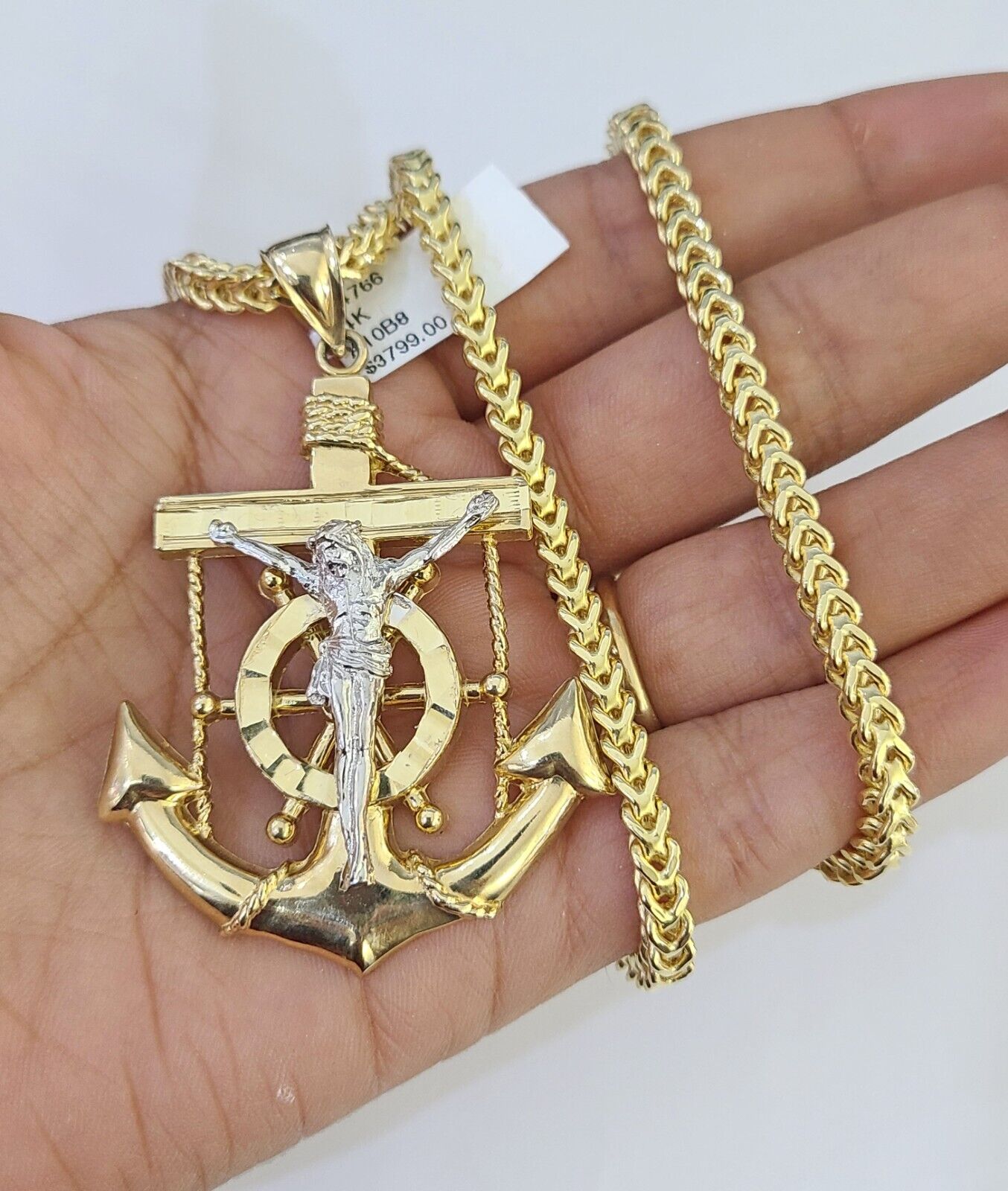 14K Franco Chain Jesus Anchor Pendant Charm Necklace 20"-26" 4mm Gold