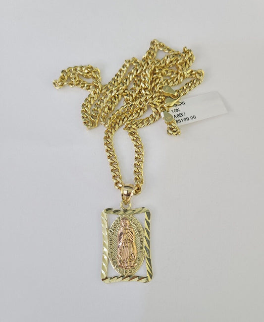 10k Miami Cuban Chain Virgin Mary Charm Set 4mm 18"-28" Necklace Yellow Gold