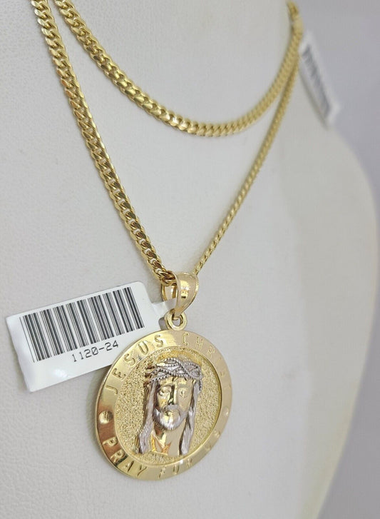 10K Solid Gold Miami Cuban Chain 2.5mm Jesus Christ Charm SET 18"-24" Pendant