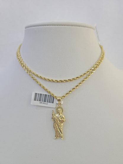 10k 2.5mm Rope Chain Saint Jude Pendant 18"-30" Gold Set Charm Necklace