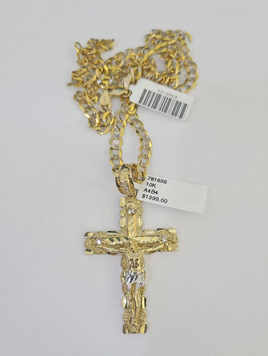 10k Gold Chain Cross Charm Solid Cuban Curb Link 5mm 18"-28" Inch DiamondCut SET