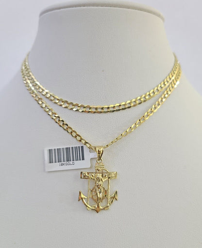 10k Gold Cuban Curb Chain Jesus Anchor Charm Solid 4mm 18"-28" SET Necklace