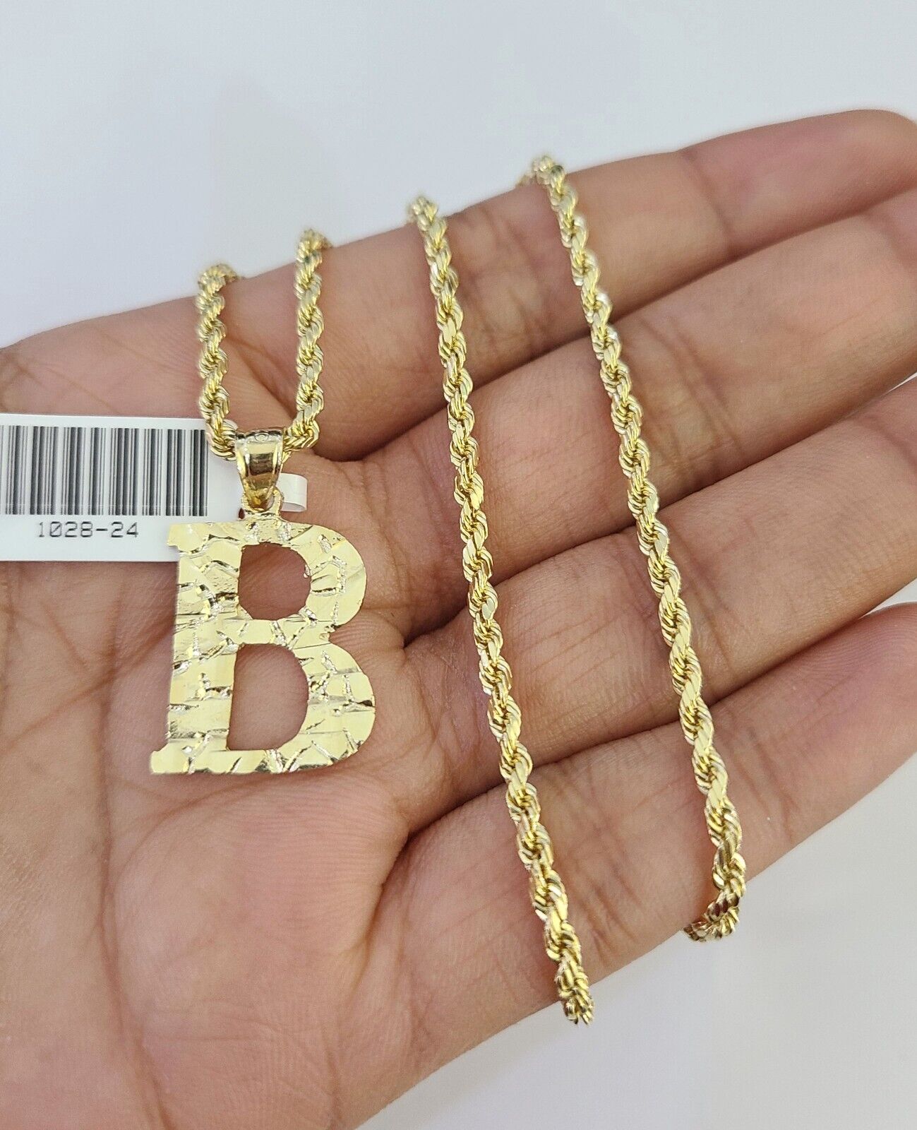 10k Gold Initial B Charm Rope Chain 16"-26" 2.5mm SET Necklace Alphabet Pendant