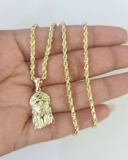 10k 2.5mm Rope Chain Jesus Head Pendant 18"-30" Yellow Gold Set Charm Necklace