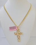 Real 10k Yellow Gold Chain Cross Charm Set Miami Cuban Link 4mm Necklace Pendant