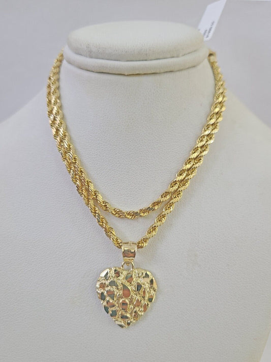 Real 10k Rope Chain Nugget Heart Charm Pendant SET Necklace 3mm 18"-24" Ladies