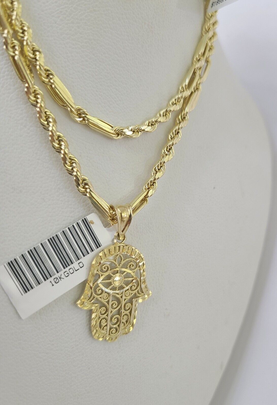 10k Milano Rope Chain Hamsa Hand Charm Necklace SET 3mm 18" 20" 22" 24" Pendant