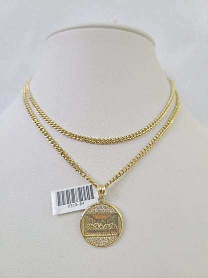 10K Gold Miami Cuban Chain Last Supper Charm 18"-30" 3mm REAL Pendant Necklace