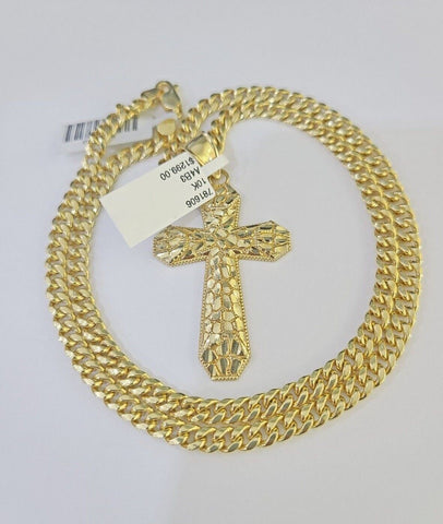 10K Gold Miami Cuban Chain Jesus Cross Charm Length 18"-26" 4mm REAL Yellow