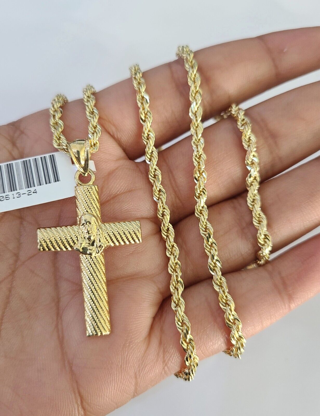 10k Solid Rope Chain 3mm Jesus Cross Pendant Charm Necklace SET 18-26 in