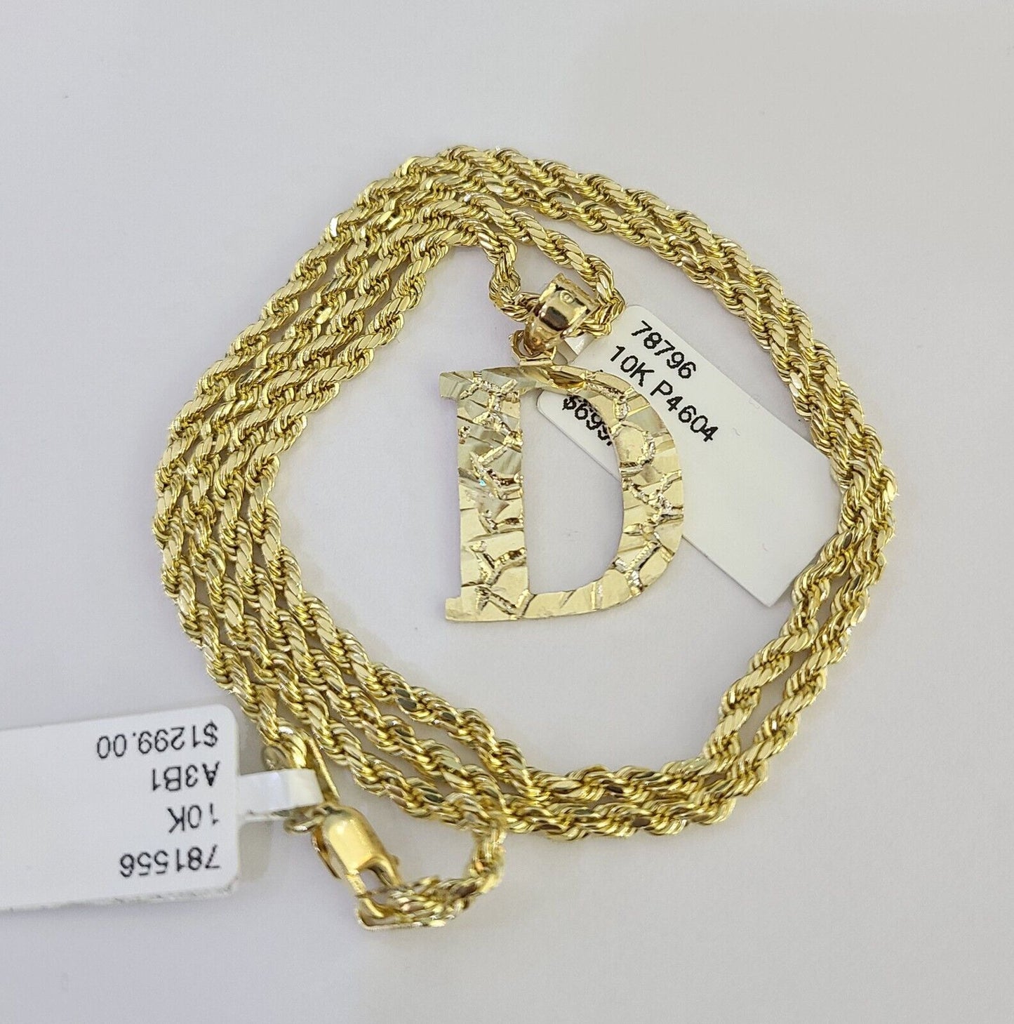 10k Gold Initial D Charm Rope Chain 16"-26" 2.5mm SET Necklace Alphabet Pendant