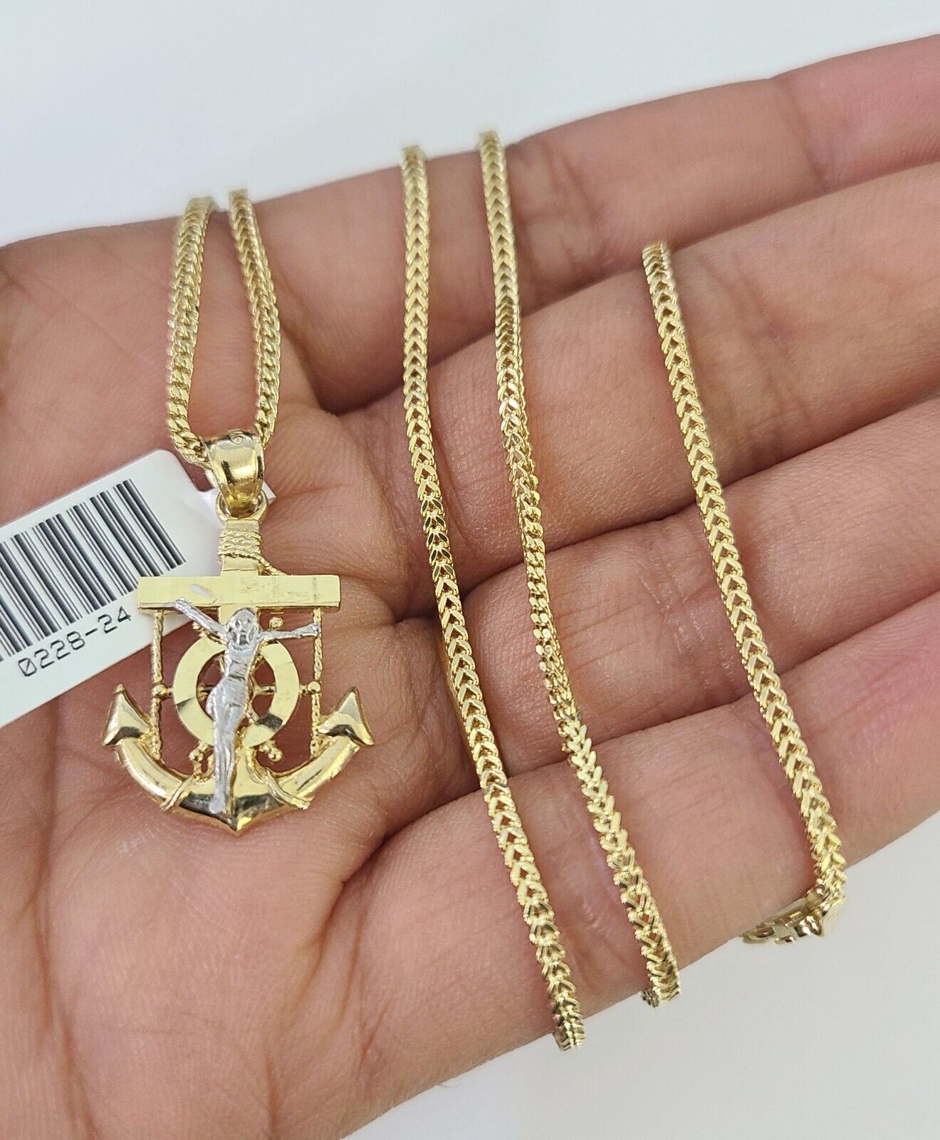 10K Solid Franco Chain Jesus Anchor Pendant Charm Necklace 18"-24" 1mm Gold