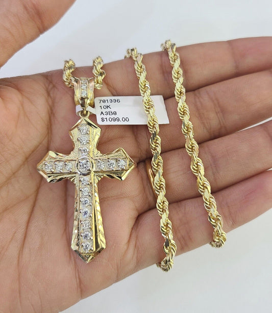 10k Solid Rope Chain Jesus Cross Charm Set 4mm 18"-30" Necklace Gold Pendant