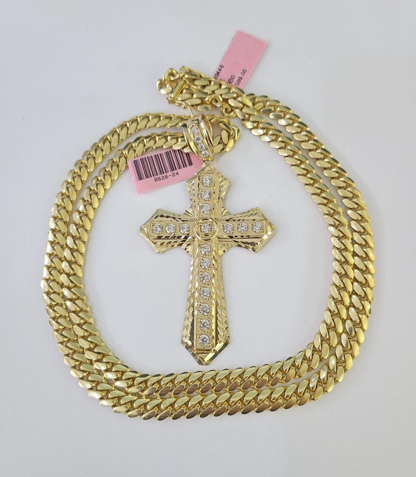 Real 14k Solid Chain Cross Charm Set Miami Cuban Link 6mm Necklace Pendant Gold