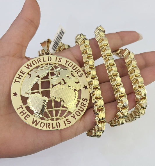 10k Gold Byzantine Necklace World is Yours Charm Pendant 20"-30" 8mm SET Chain