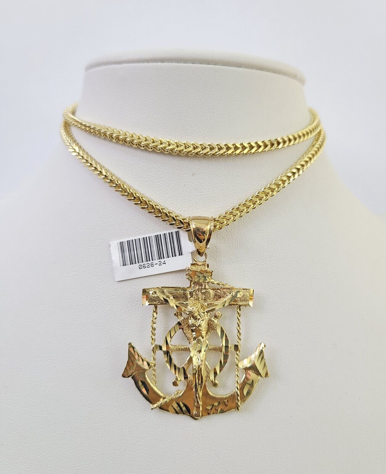 10K Franco Chain Jesus Anchor Pendant Charm Necklace 20"-26" 3mm Gold Yellow SET