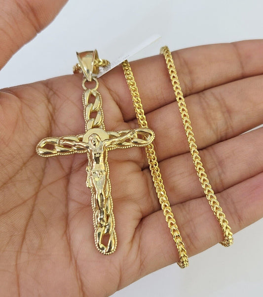 10K Gold Franco Chain Jesus Cross Charm Pendant 20-26 inches 2.5mm REAL Yellow