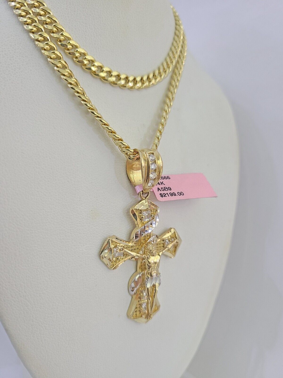 Real 14k Chain Cross Charm Set Miami Cuban Link 5mm 18"-30" Necklace Pendant