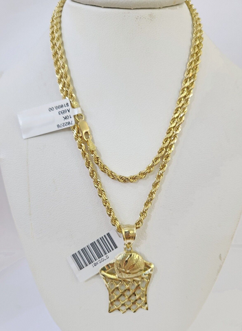 Real 10k 3mm Rope Chain Basketball Pendant 18" 20" 22" 24" 26" Yellow Gold Set