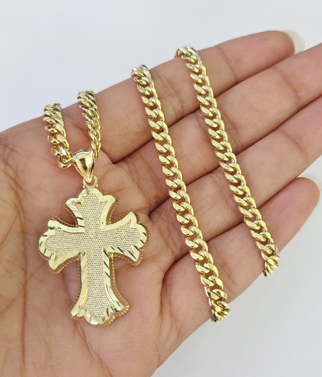 10k Miami Cuban Chain Jesus Cross Charm Pendant Set 5mm 18"28" Necklace Gold