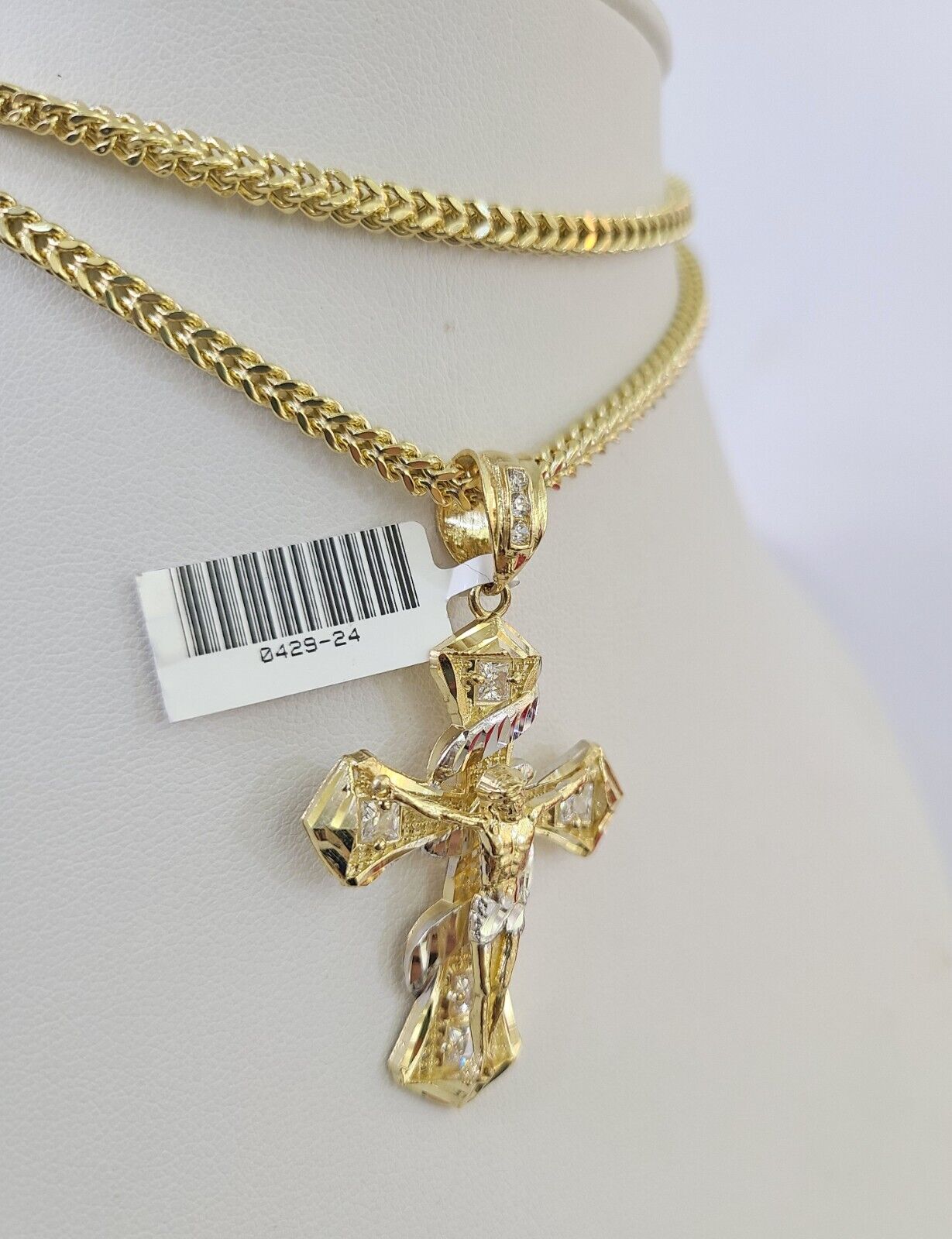 10K Franco Chain Jesus Cross Pendant Charm Necklace 20"-26" 3mm Gold Yellow SET