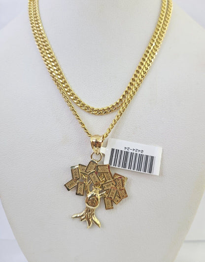 10K Gold Miami Cuban Chain Money Tree Charm 20"-30" 3mm REAL Pendant Necklace