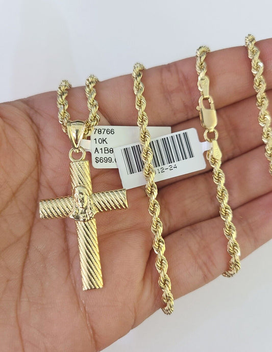 10k Solid Rope Chain 3mm Jesus Cross Pendant Charm Necklace SET 18-28 in