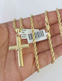 10k Solid Rope Chain 3mm Jesus Cross Pendant Charm Necklace SET 18-28 in