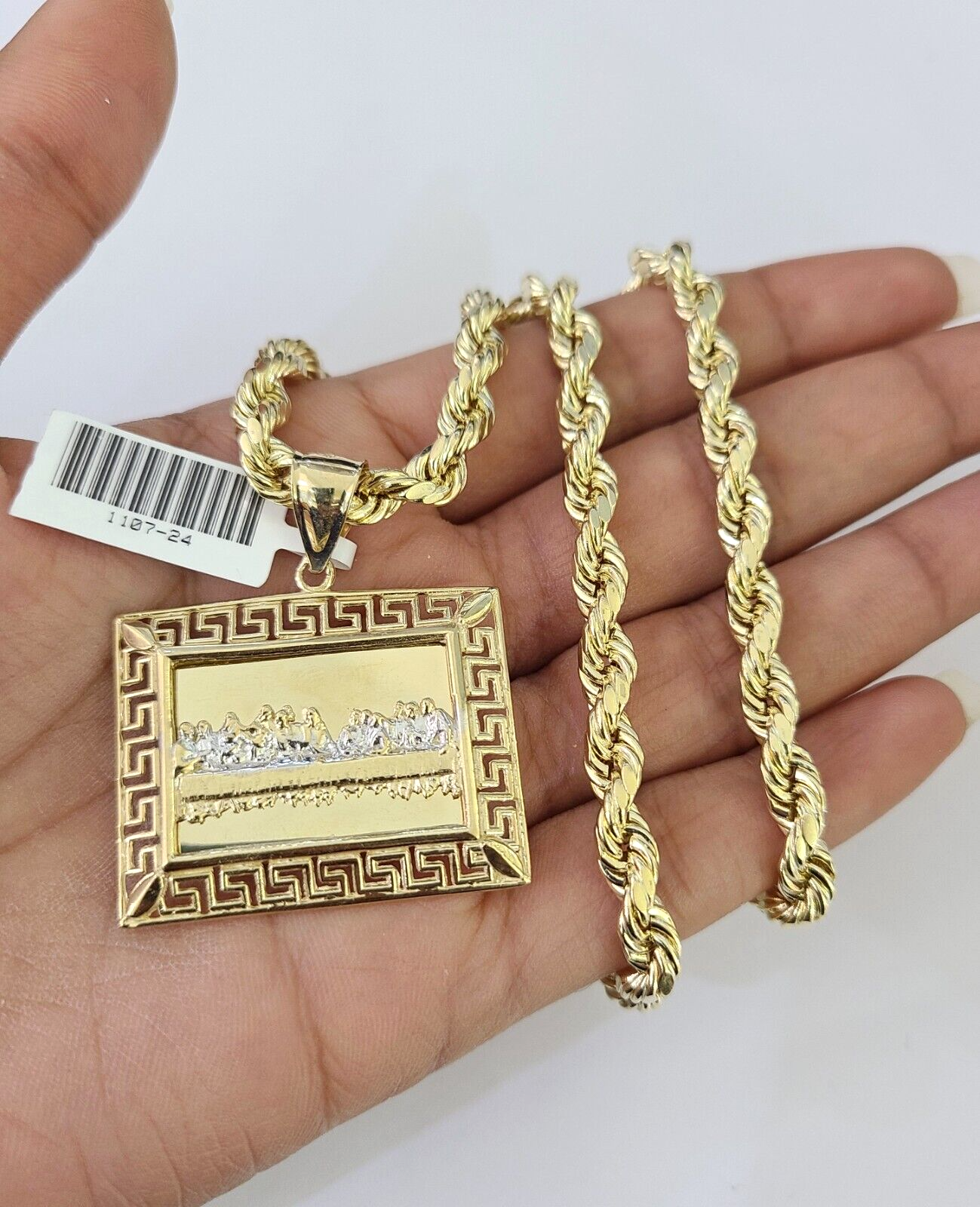 Real 10k Yellow Gold Rope Chain Last Supper Charm Set 6mm 18"-28"Inch Necklace