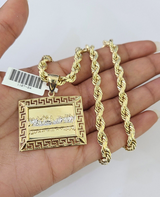 Real 10k Yellow Gold Rope Chain Last Supper Charm Set 6mm 18"-28"Inch Necklace