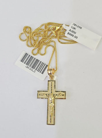 10K Solid Franco Chain Jesus Cross Pendant Charm Necklace 18"-24" 1.5mm Gold