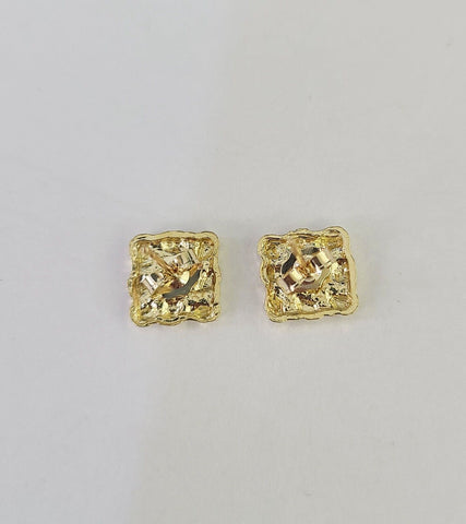 Square 10k Nugget Earrings Yellow Gold Push Back Hoop Real Men Women