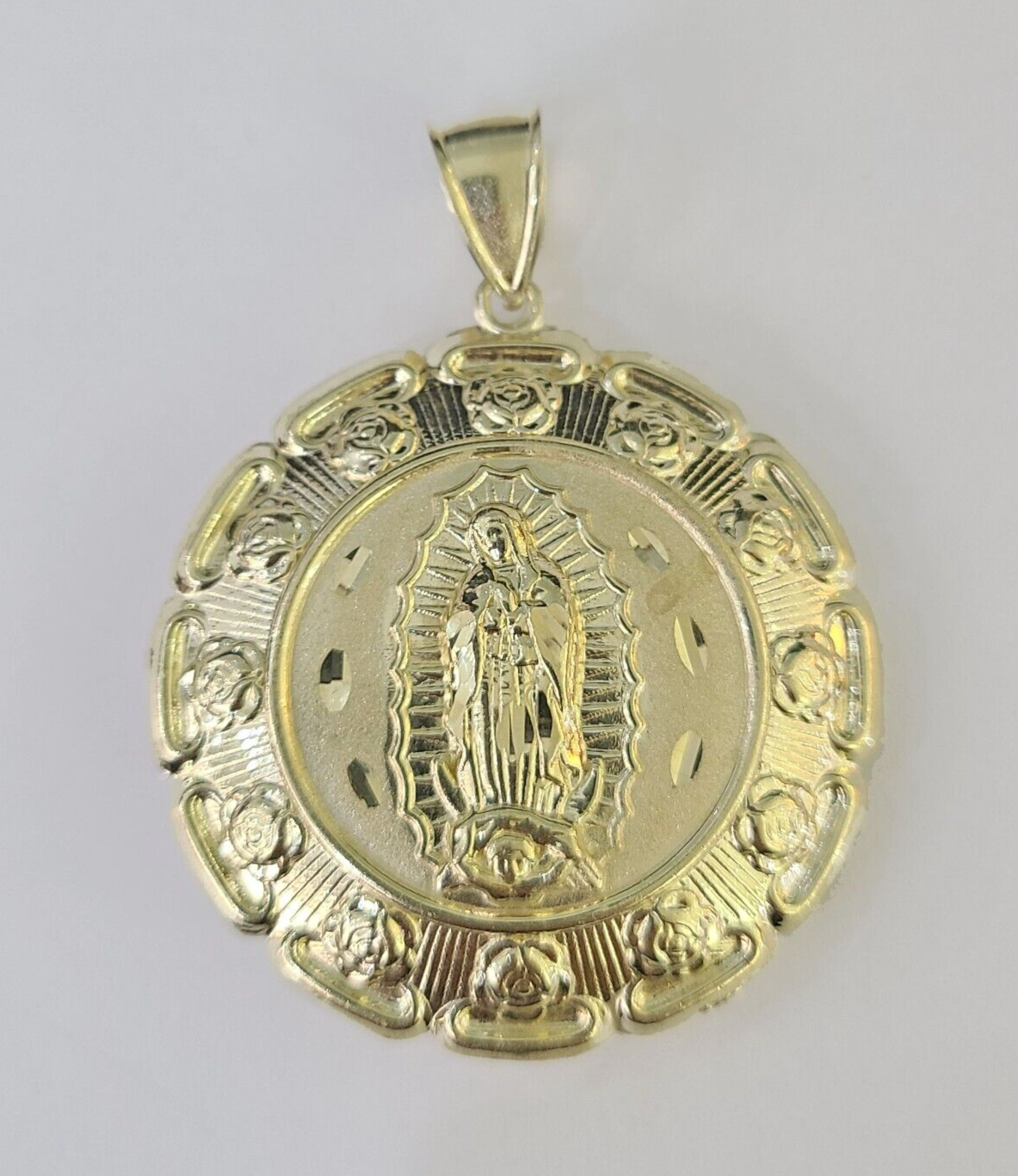 Real 10K Nugget Medallion Guadalupe Pendent Charm 10kt yellow Gold 2" Religious