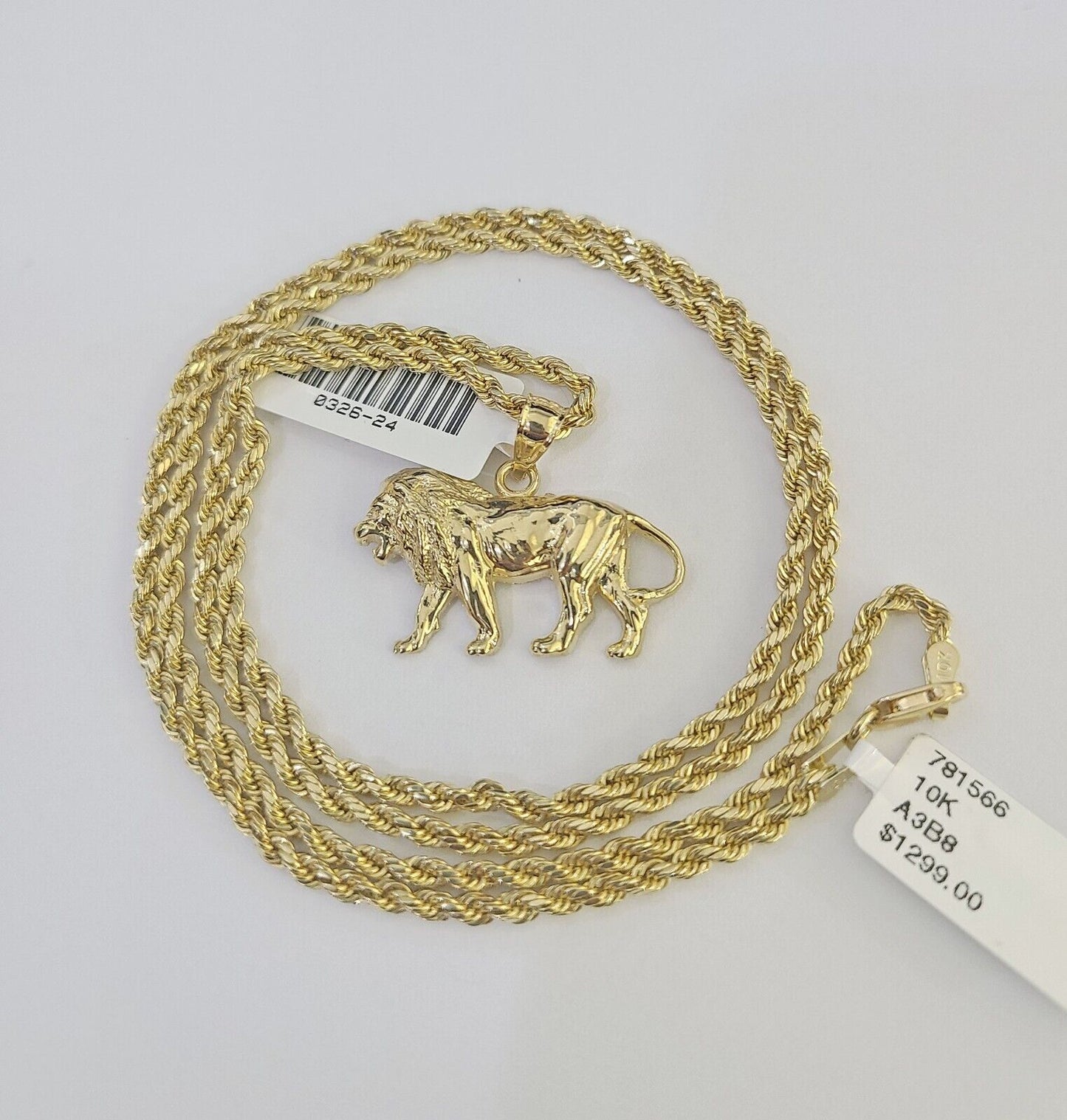 10k 2.5mm Rope Chain Lion Pendant 18"-30" Yellow Gold Set Charm Necklace