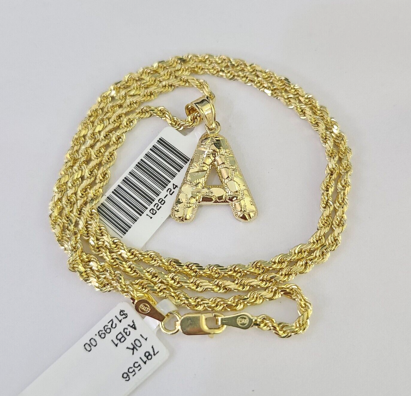 10k Gold Initial A Charm Rope Chain 16"-26" 2.5mm SET Necklace Alphabet Pendant